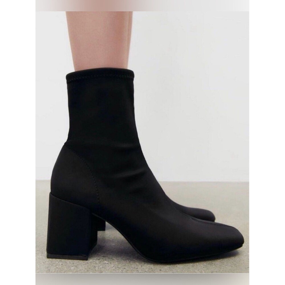 Zara Black Fitted Fabric Block High Heel Ankle Boots Women’s Shoe Size 8